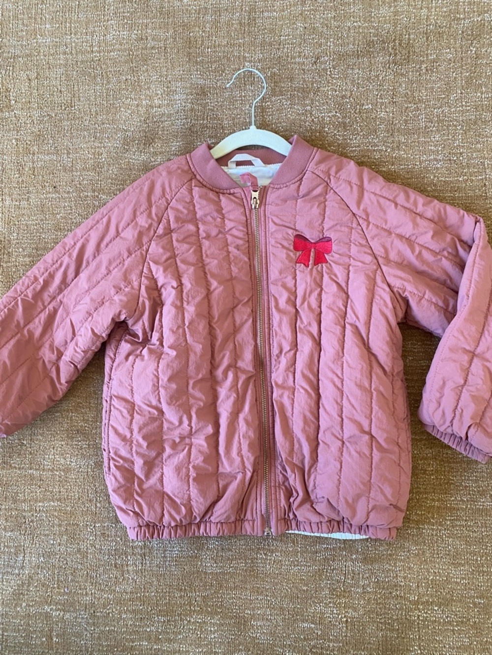 Konges Slojd Juno Quilted Pink Girls Bomber Jacket- Red Bow + Cat Embroidery
